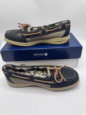 Sperry Angelfish Black/Leopard Fur Womens Boat Shoes Size 6.5M Faux Fur Lining N